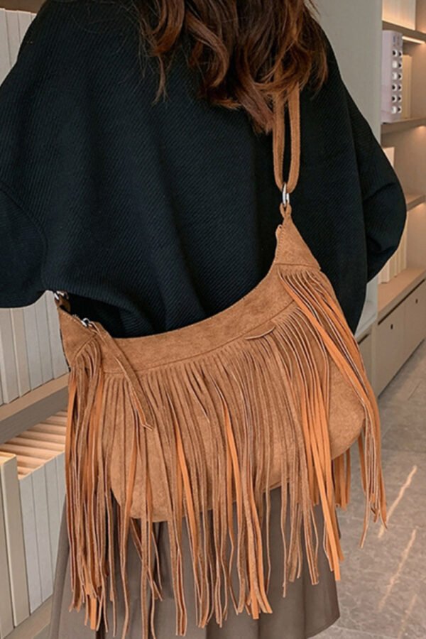 Suede Fringe Adjustable Strap Shoulder Bag - Image 3