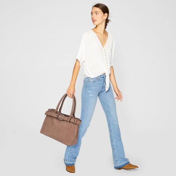 Belted Triple Compartment Satchel with Detachable Crossbody Strap - Image 9