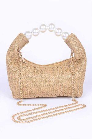 Pearl Handle Faux Straw Fashion Clutch