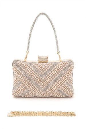 Chevron Pearl Rhinestone Convertible Box Clutchj
